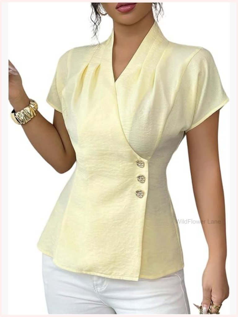 Elegant Button Down Wrap Top V Neck Short Sleeve Sheer Pleated Blouse